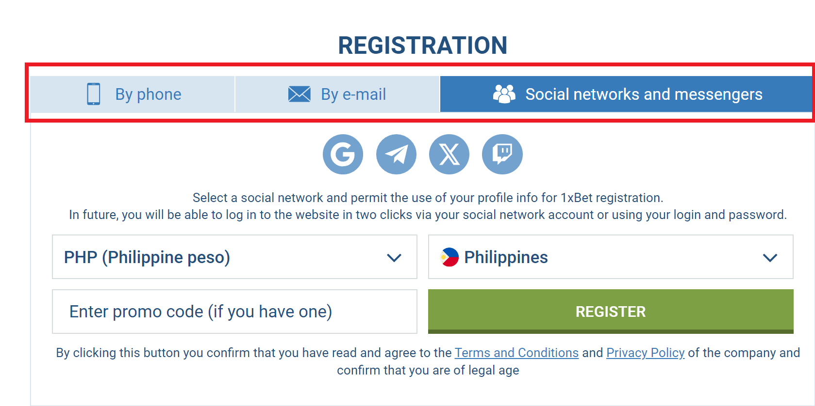 1xBet Sign Up via Social Networks and Messengers